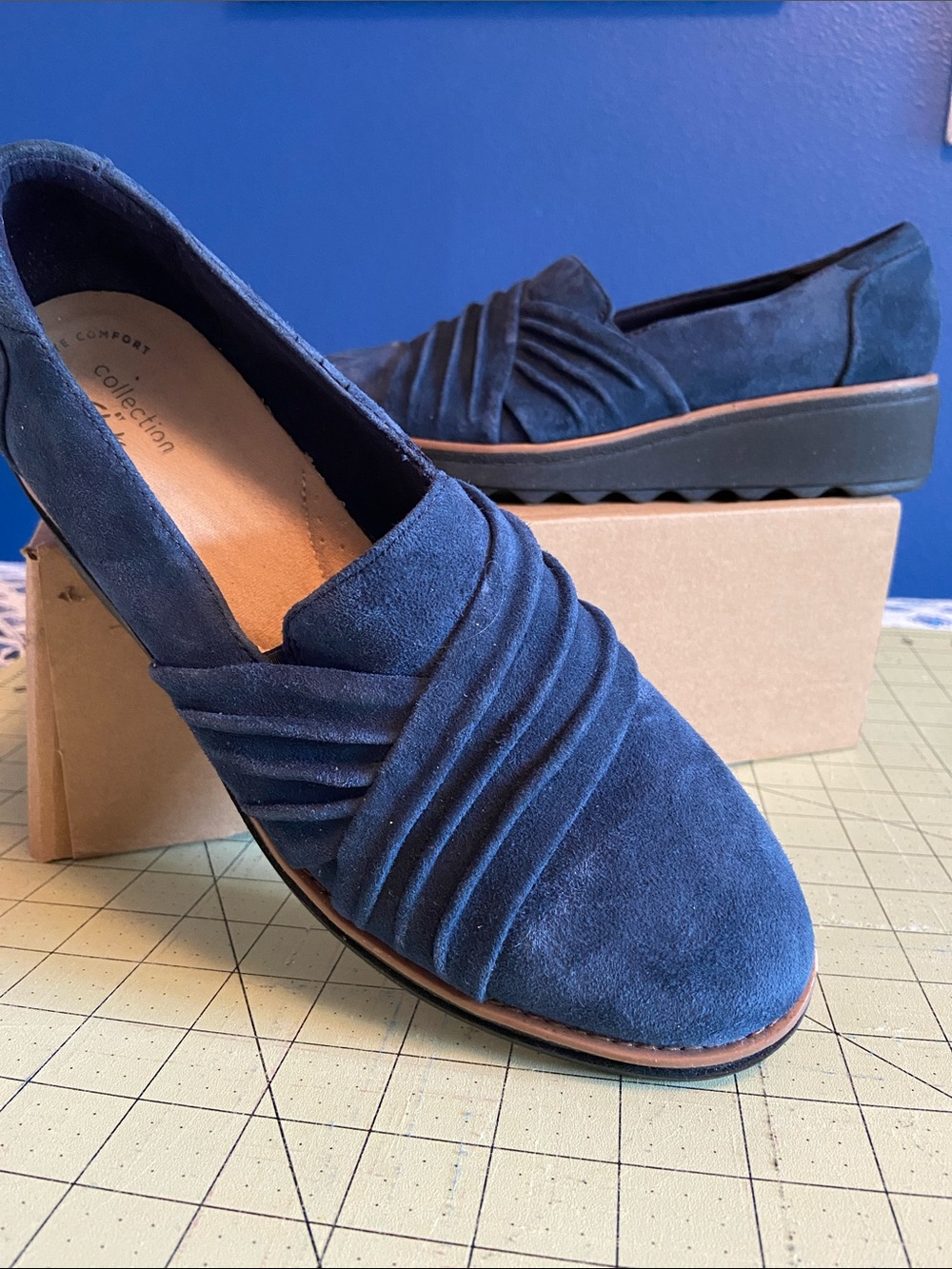 Clarks Navy Suede Slip-On Loafers with Pleated Vamp